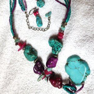 Vintage Boho Fashion Turquoise Necklace and Earrings Set